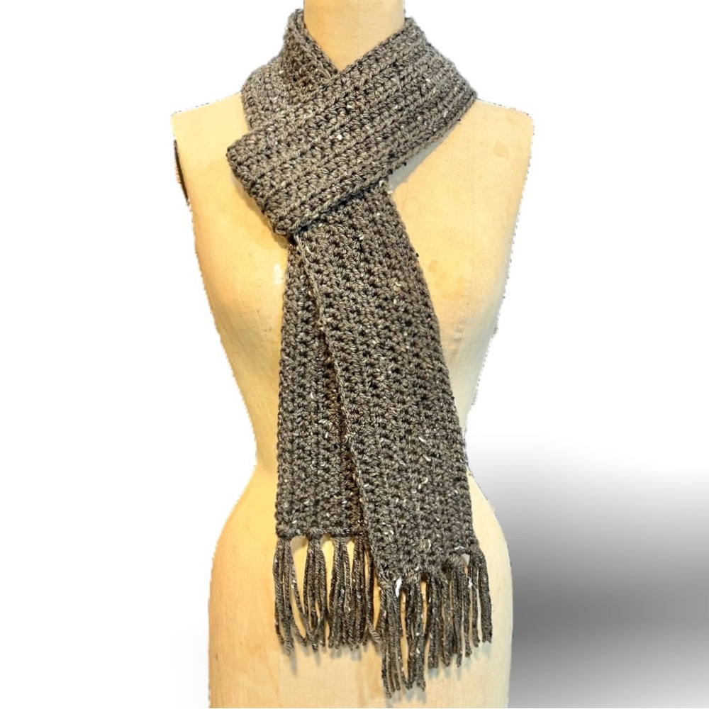 Handmade long crochet knit scarf earthy outdoorsy brown‎ skinny 4” wide fringe
